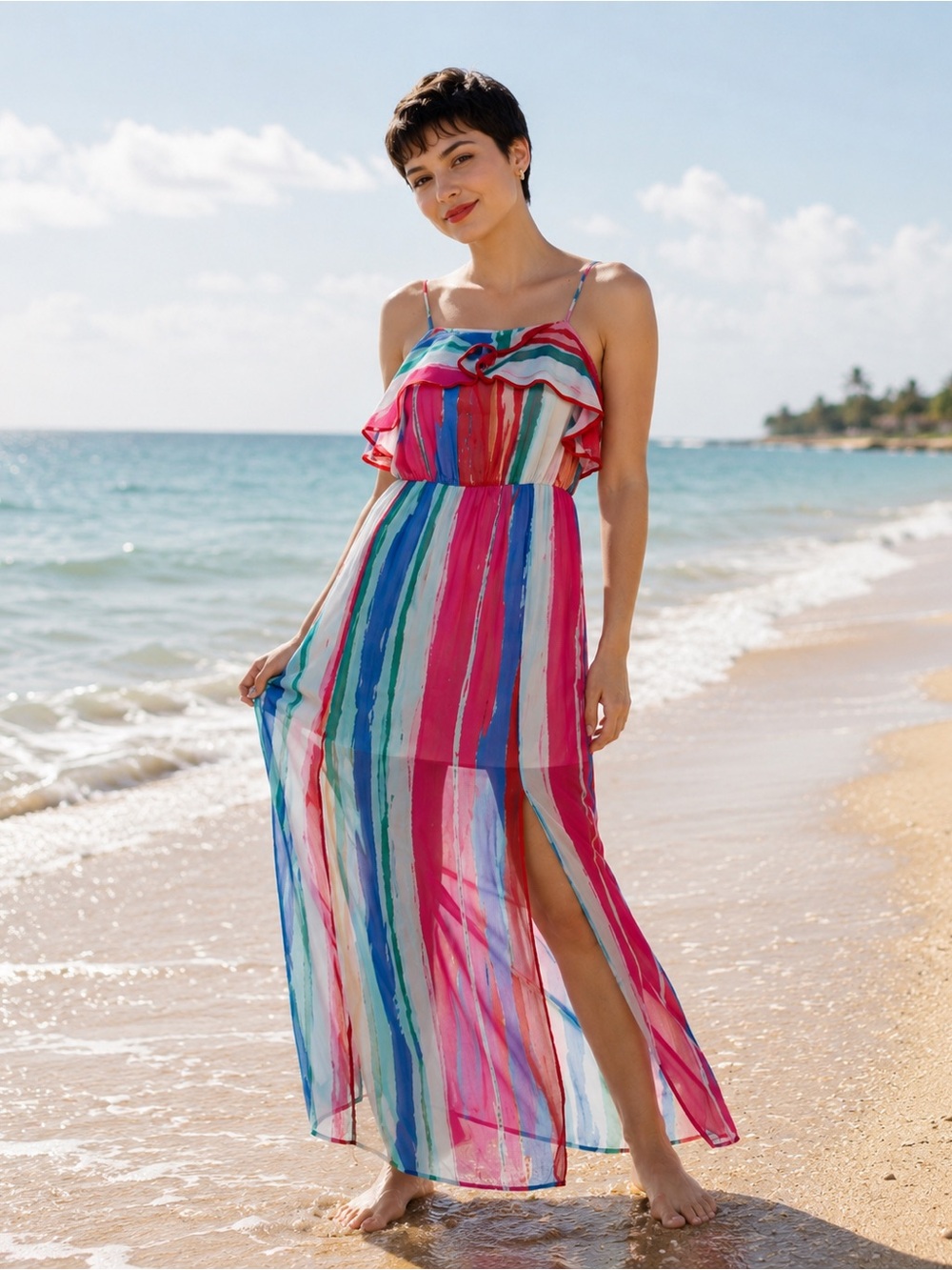Candie’s Rainbow Stripe Sheer Maxi Dress Small Beach Cover Up